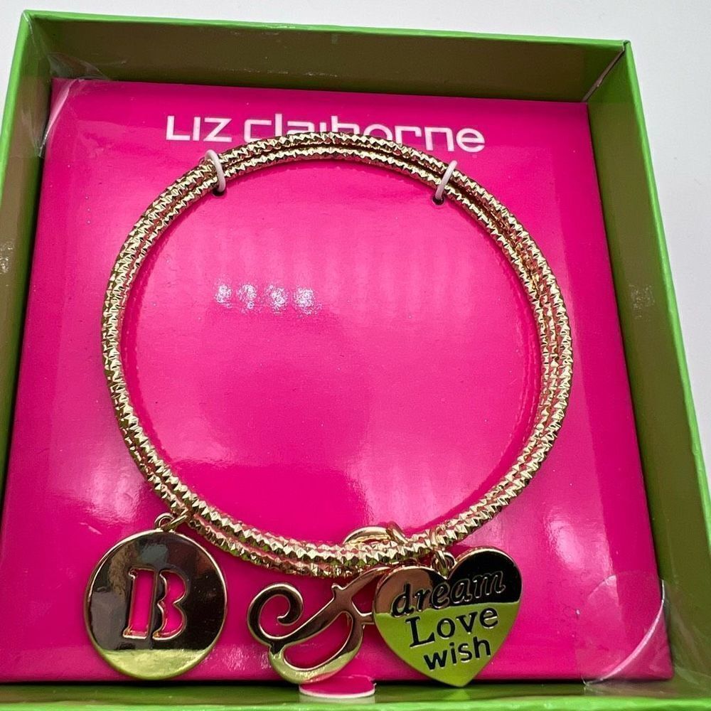 NWT Liz‎ Claiborne B Initial Gold tone bangle bracelet charm Gift birthday